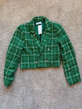 Reserved Green Plaid Cropped Tweed Blazer